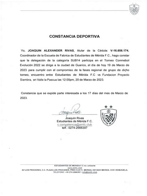 Constancia Deportiva U 14 Pdf Asociación De Clubes De Fútbol