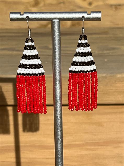 Red Black And White Beaded Fringe Earring Handmade Toho Etsy