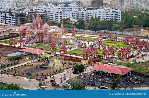 Aerial View Of Shree Swaminarayan Temple Complex With Large Crwo