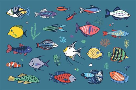 Conjunto De Ilustraciones Vectoriales De Peces Tropicales Vector Premium