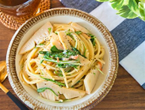 レンジで簡単！たけのこサラダと水菜のパスタ おすすめアレンジレシピ お豆を中心としたつくだ煮・お惣菜とおせち おいしいかんどう