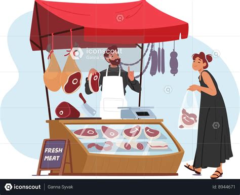 Best Seller Sells Meat At Butchery Stall Illustration Download In Png