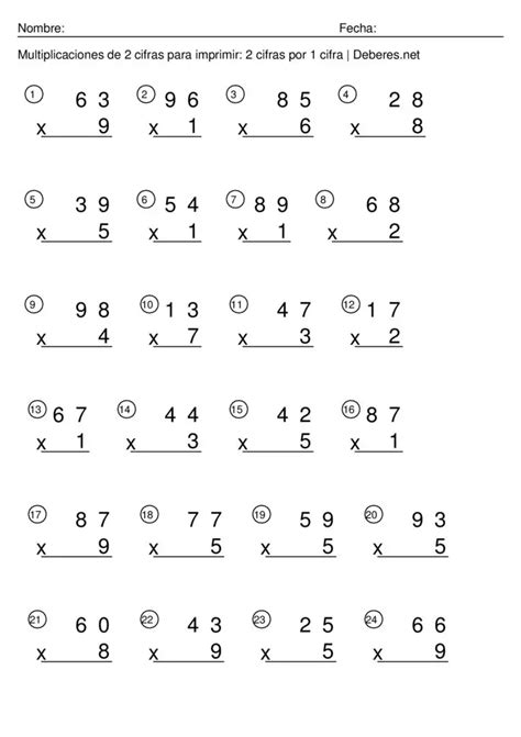 Multiplicaciones De Cifras Para Imprimir Cifras Por Cifra Ficha