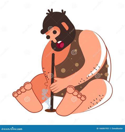 Caveman in Animal Skin Starting Fire with Wooden Stick Stock Vector ...