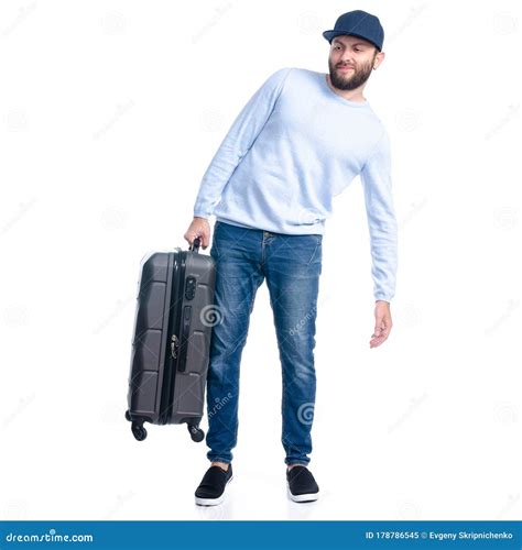 Man In Jeans Holding Travel Suitcase Standing Stock Image Image Of