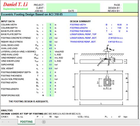 Eccentric Footing Design Based On Aci 318 05 Excel Sheets