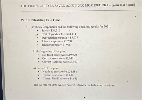 Solved Part 1 Calculating Cash Flows 1 Peabody Corporation