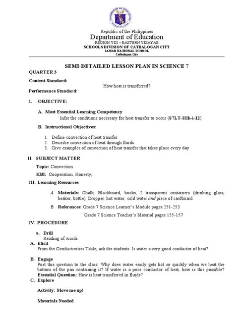 Semi Detailed Lesson Plan In Convection Heat Transfer Grade 7