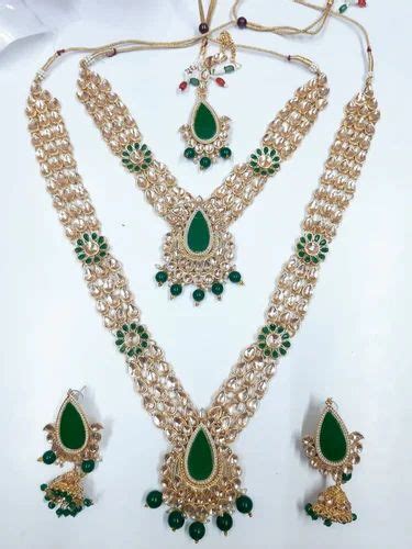 Mazak Base Material Green And Silver Wedding Wear Long Necklace Set