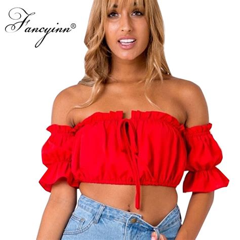 Fancyinn Sexy Strapless Off Shoulder Tee Tops Summer Short Sleeve Beach T Shirts Women Solid Red