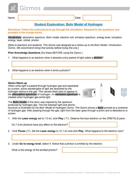 Bohr Model Hydrogen SE - Name: Date: Student Exploration: Bohr Model of ...