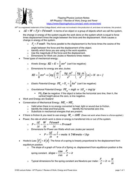 0108 Lecture Notes Ap Physics 1 Review Of Work Energy And Power