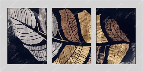 Premium Photo | A set of four paintings with leaves on them.