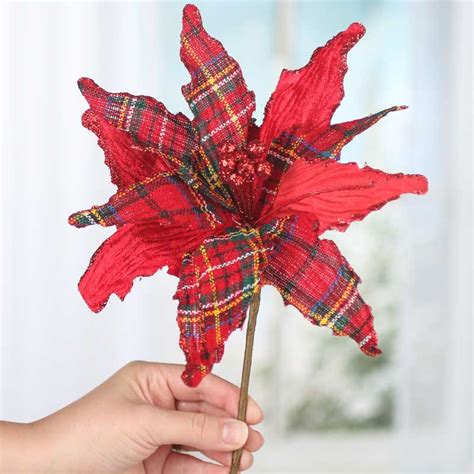 Christmas Plaid And Velvet Artificial Poinsettia Pick Holiday Florals