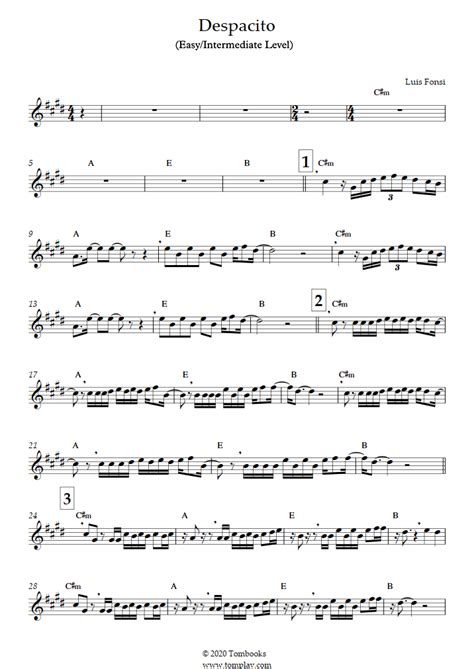 Despacito Easy Intermediate Level Luis Fonsi Clarinet Sheet Music