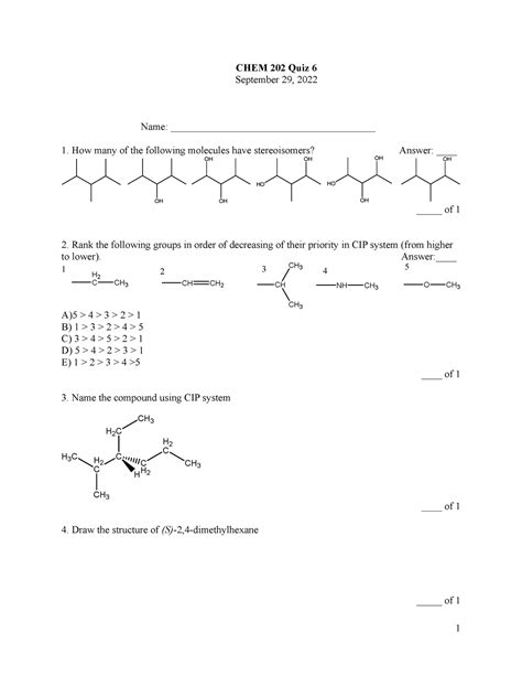 Chem Quiz Key Practice Quiz For Chapter Of Organic Chemistry