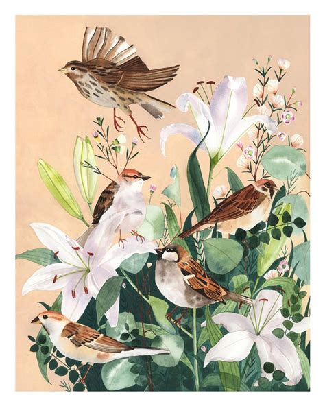 Among The Lilies Watercolor Gicl E Art Print Watercolor Sparrows And