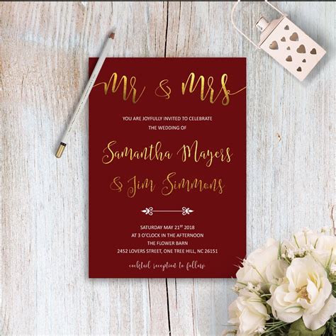 Printable Maroon Wedding Invitations Typography Wedding