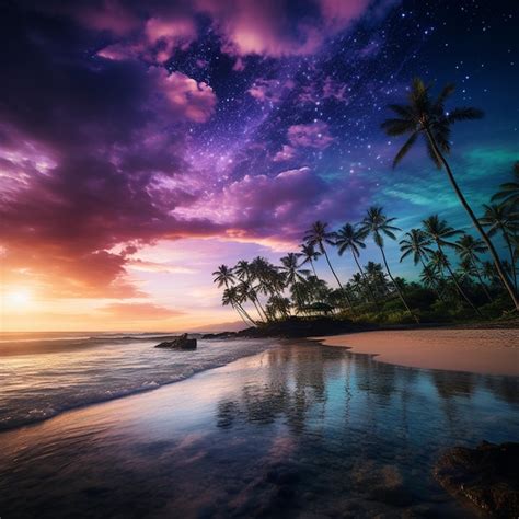 Premium AI Image Purple And Blue Sunset Over A Beach With Palm Trees