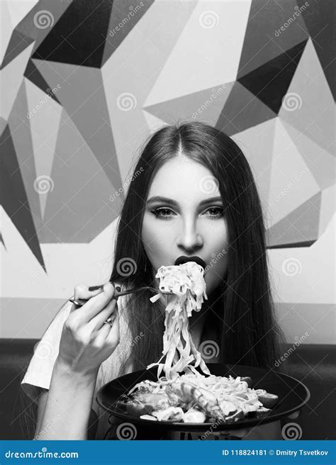 Attractive Woman Eating Seafood Pasta Stock Image Image Of Female