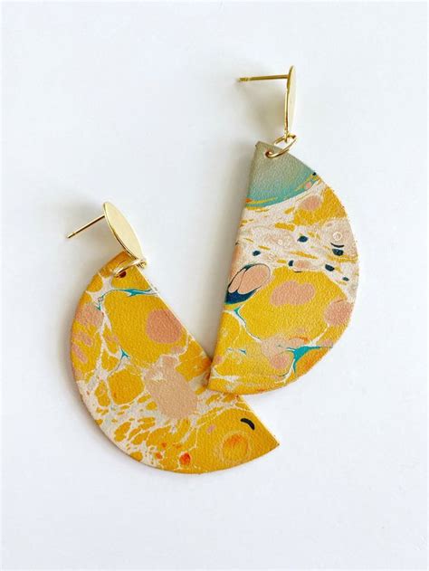 Marbled Leather Statement Earrings Handpainted Jewelry Cool Earrings