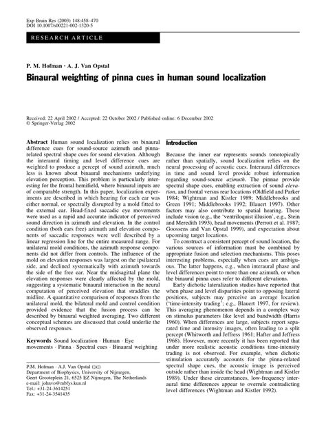 (PDF) Binaural weighting of pinna cues in human sound localization