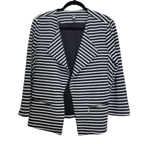 Roz Ali Black White Striped Open Front Blazer Top Size L Polyester