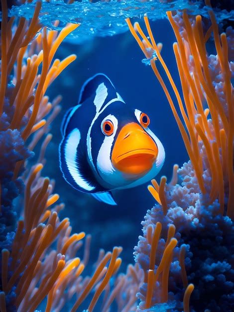 Premium AI Image | Cute clownfish swims among coral reefs