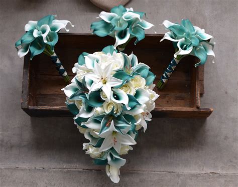 Teal Bridal Bouquets Teal Tiger Lily Roses Calla Lily Wedding Bouquets