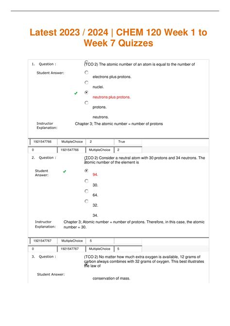 Latest CHEM 120 Week 1 To Week 7 Quizzes TEST BANK Questions And