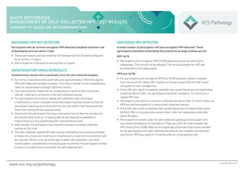 MANAGEMENT OF SELF COLLECTED HPV TEST RESULTS By Victorian Cytology