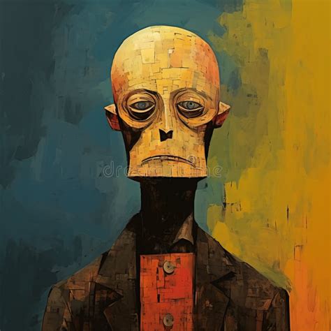 Surrealistic Horror Painting Man In Suit With Yellow Background Stock