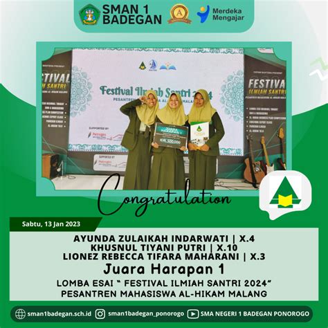 Juara Harapan 1 Lomba Esai Festival Ilmiah Santri 2024 Pesantren