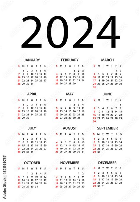 Calendar 2024 Year Vector Illustration Week Starts On Sunday