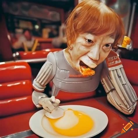 Robot Eating Egg Foo Young In Diner 1980s Style Photograph On Craiyon