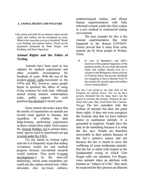 Animal Welfare - Ethics - A. ANIMAL RIGHTS AND WELFARE I online and