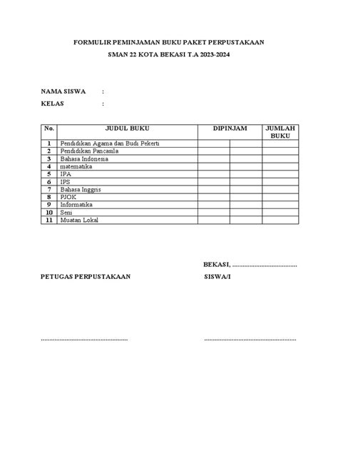 Formulir Peminjaman Buku Paket Perpustakaan Pdf