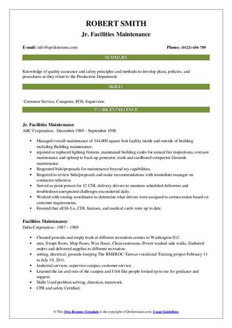 Facilities Maintenance Resume Samples | QwikResume