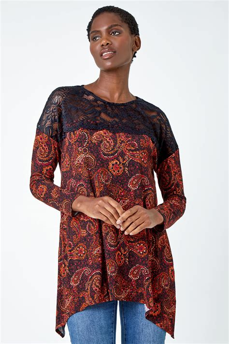 Red Lace Detail Paisley Print Stretch Top Roman Uk