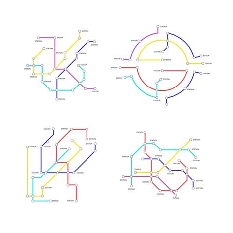 Mapa del metro señales de línea delgada de color conjunto de iconos de