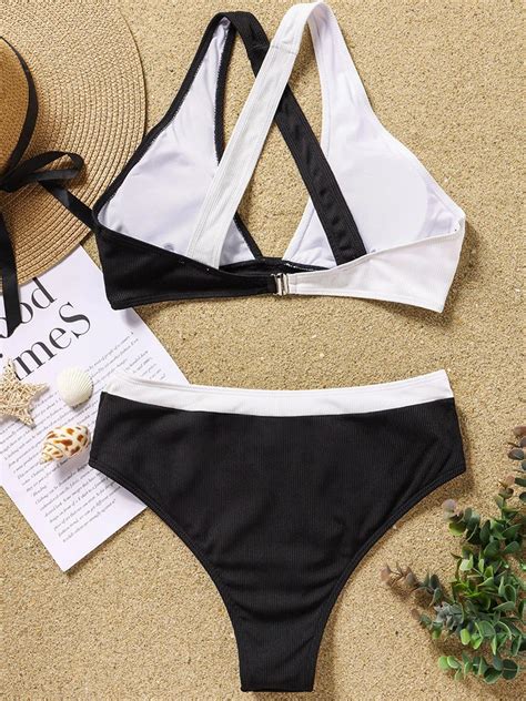 Generic Color Block Criss Cross Hollow Out Bikini Set Women 2023 Sexy