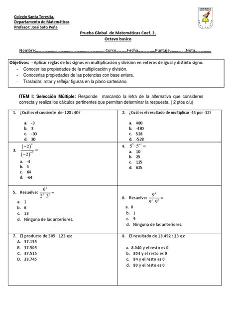 Prueba Global De Matematicas Octavo Basico Multiplicación Matemáticas Prueba Gratuita De