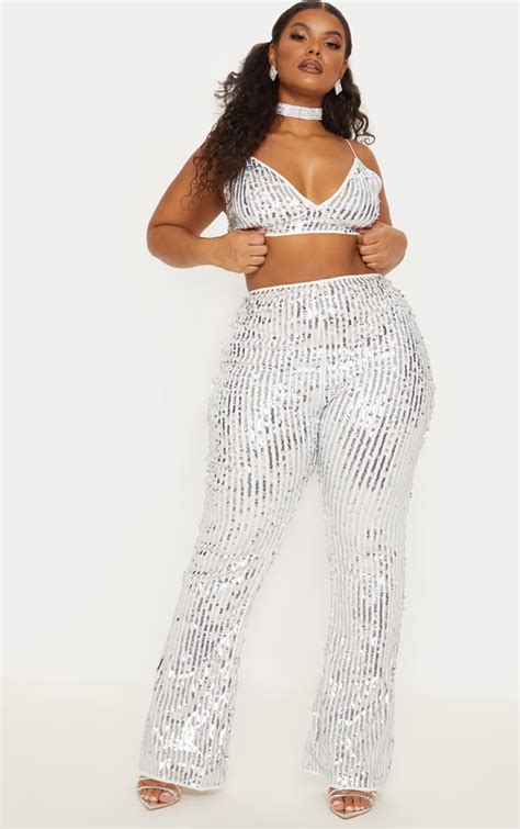 Silver Sequin Flare Pants Plus Size Prettylittlething Qa