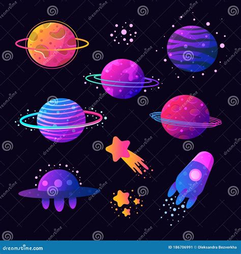 Colorful Cartoon Space Alien Planets Ufos Stars Spaceship Comets