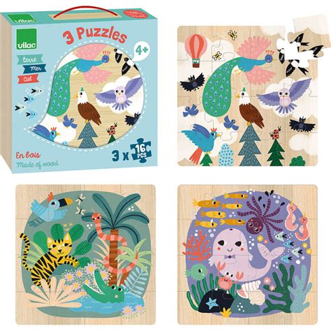 Coffret En Bois Puzzles Volutifs Terre Mer Et Ciel Vilac