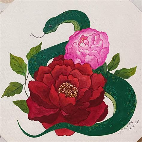 Snake And Peonies Done With Himi Miya Gouache On 300 Gsm Paper 🐍 Gouache