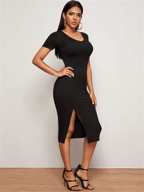 Solid Split Thigh Bodycon Dress Simplee0 Bodycon Dress Dress