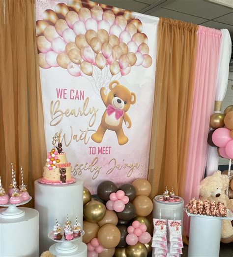 We Can Bearly Wait Teddy Bear Pink Backdrop Personalized Printed