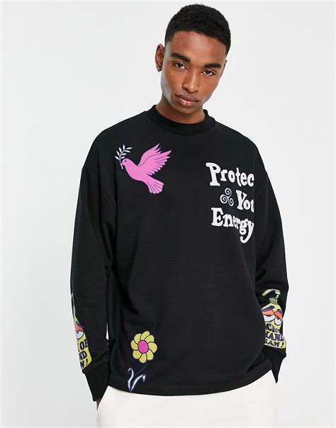 Asos Design Oversized Sweatshirt In Black With All Over Prints Asos