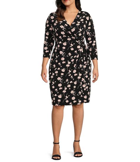 Anne Klein Plus Size Floral Print Surplice V Neck Long Sleeve Tie Waist